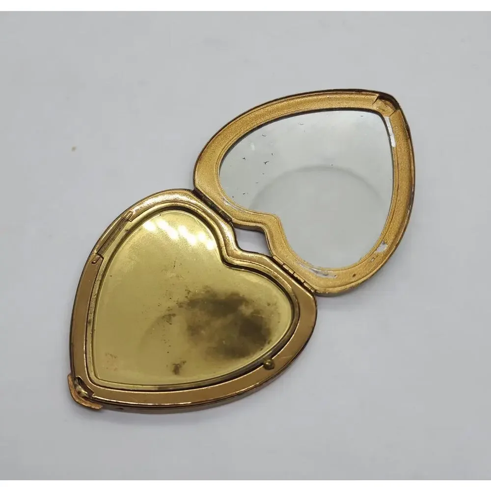 Vintage Heart Compact Lovebirds Mirror Powder Case USA Gold Tone Enamel RARE